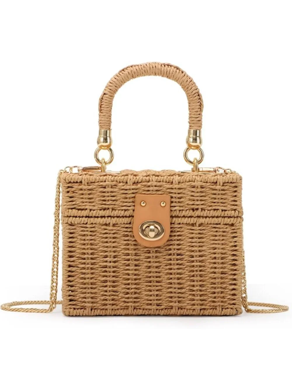 Handwoven Rattan Beach Tote Bag | Square Boho Crossbody Handbag for Women